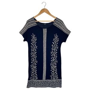 Lucky Brand Shirt Dress Women M Pullover Floral Short Sleeve Round Neck Blue Tan